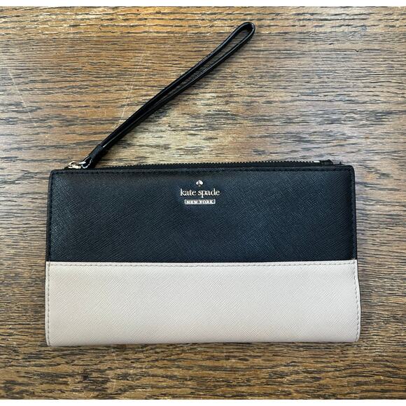 Kate Spade Stacy Wallet Wristlet Black Beige Color-block Card Holder Zip Coin - Picture 1 of 7